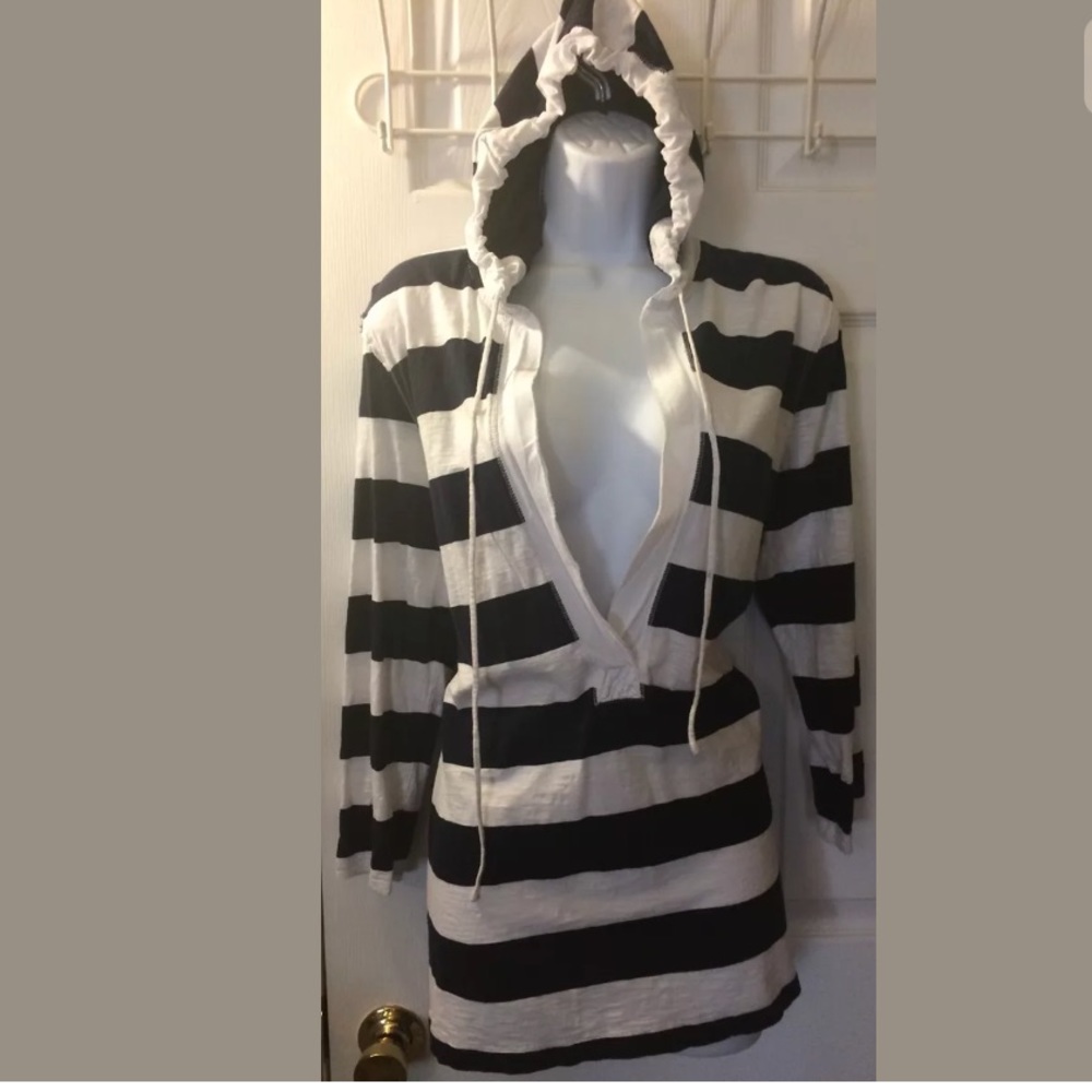 J. CREW Beach Striped Slub Top Hoodie Shirt Nautical Navy Blue White Blouse Knit